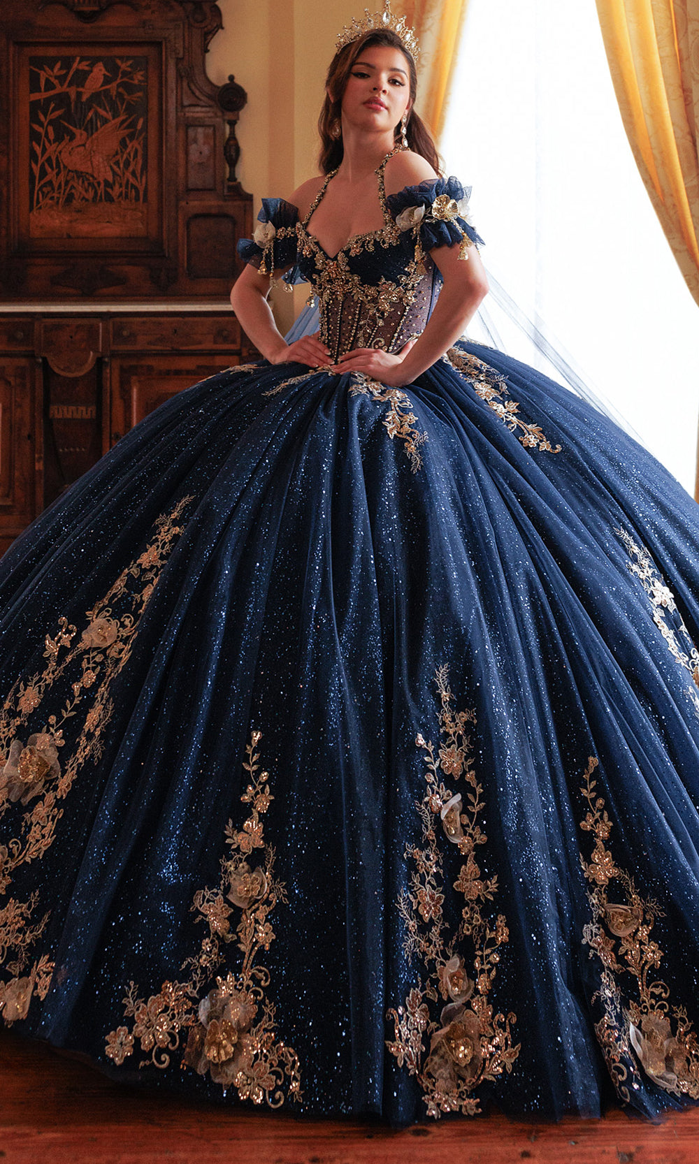 Rachel Allan RQ3181 - Beaded Lace Strapless Cape Gown Quinceanera Dresses in Blue Gold   