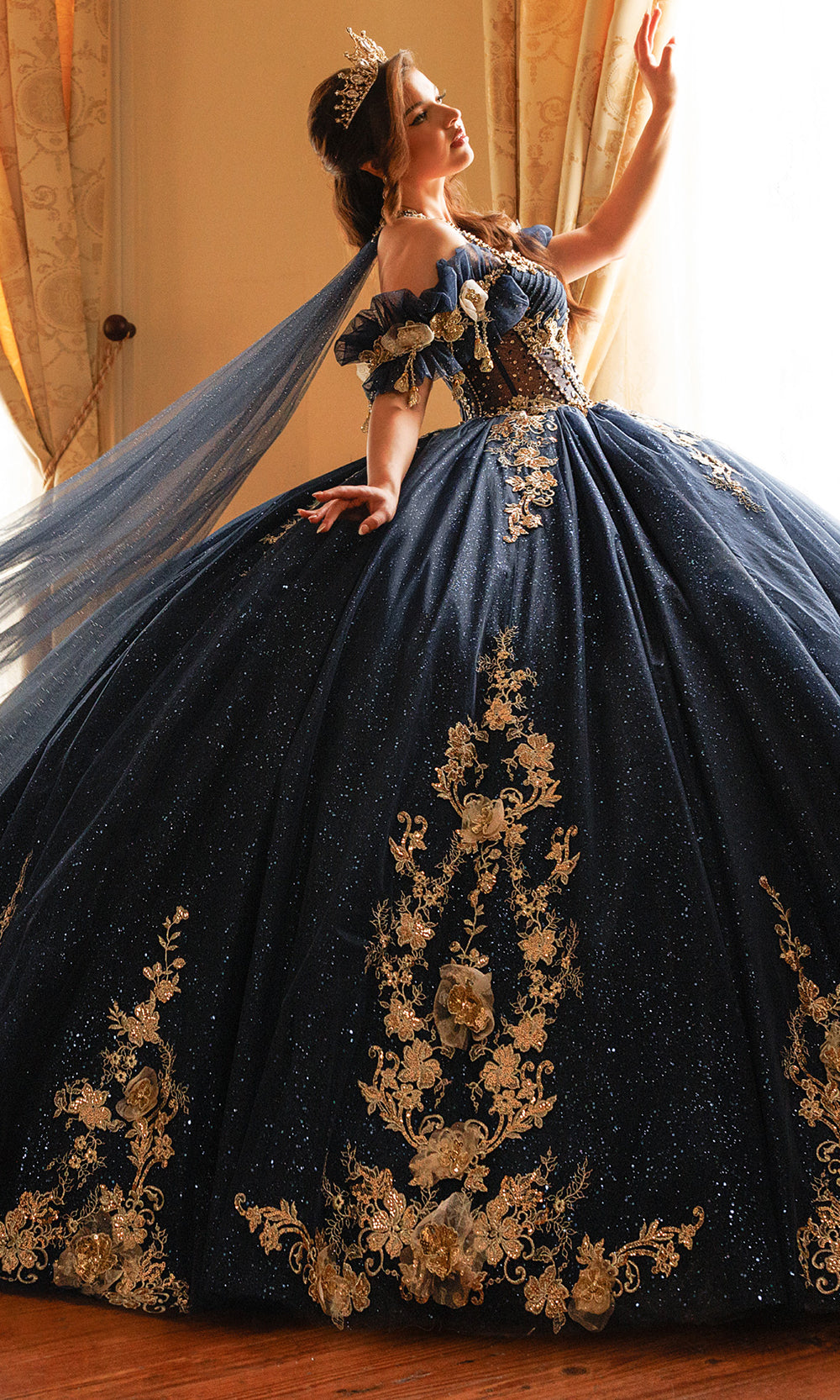 Rachel Allan RQ3181 - Beaded Lace Strapless Cape Gown Quinceanera Dresses in Blue Gold   