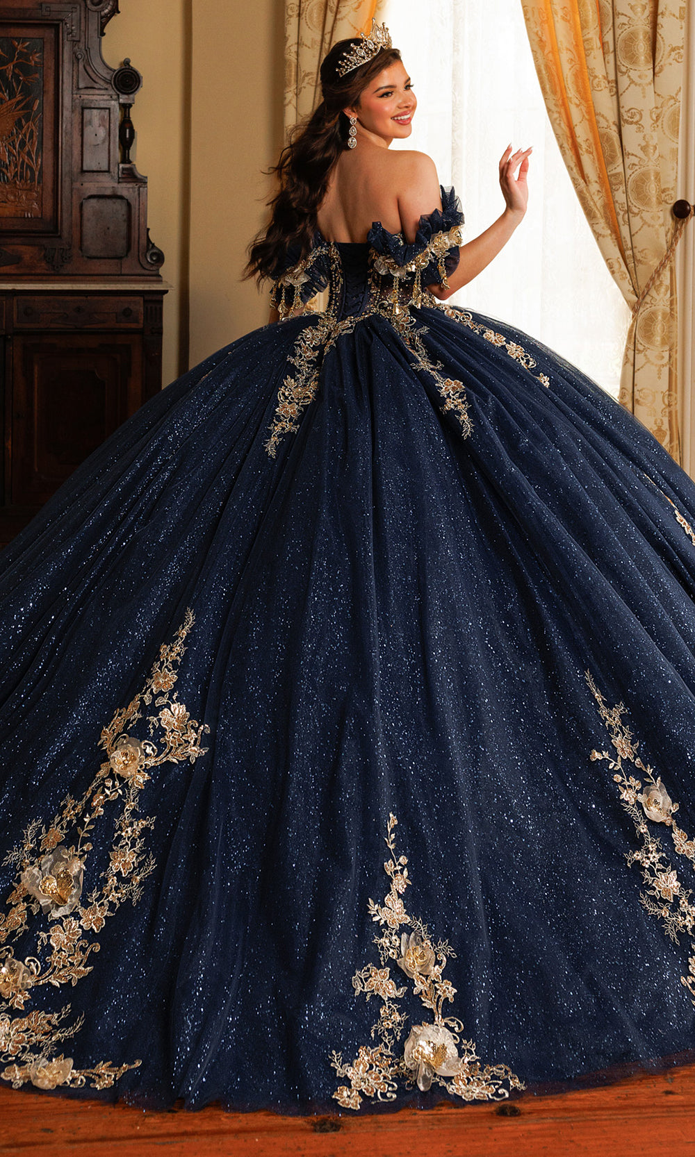 Rachel Allan RQ3181 - Beaded Lace Strapless Cape Gown Quinceanera Dresses in Blue Gold   