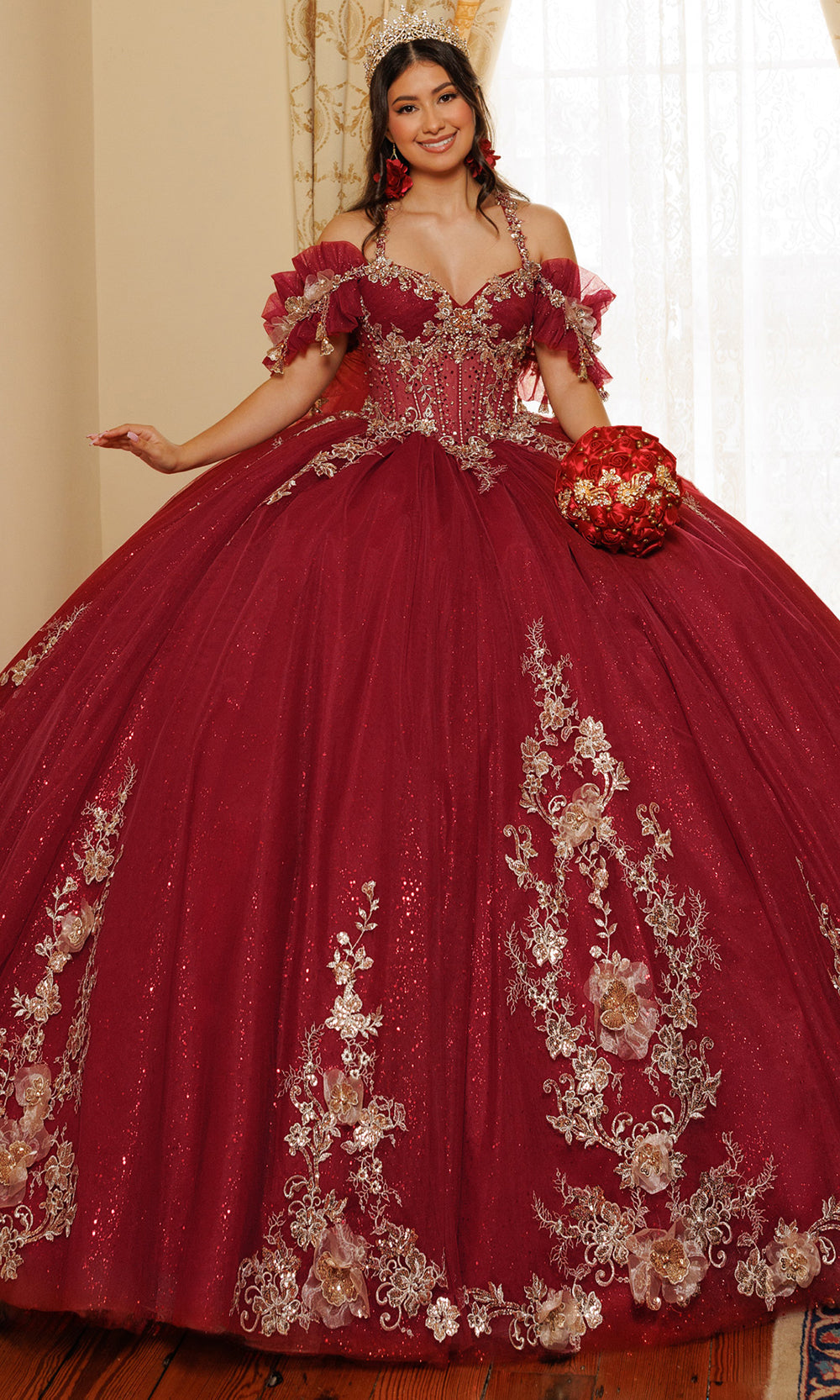 Rachel Allan RQ3181 - Beaded Lace Strapless Cape Gown Quinceanera Dresses in Red Gold   