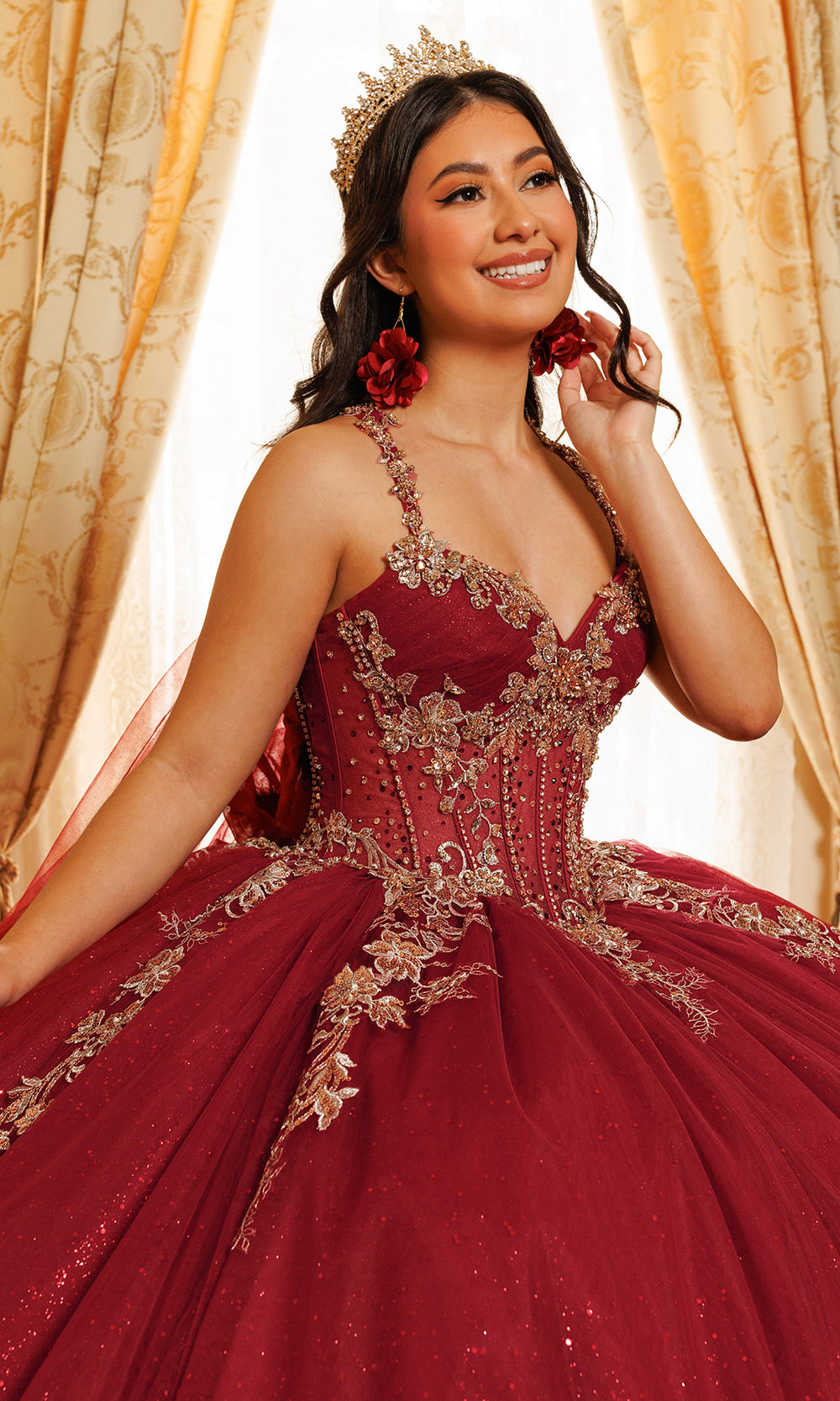 Rachel Allan RQ3181 - Beaded Lace Strapless Cape Gown Quinceanera Dresses in Red Gold   
