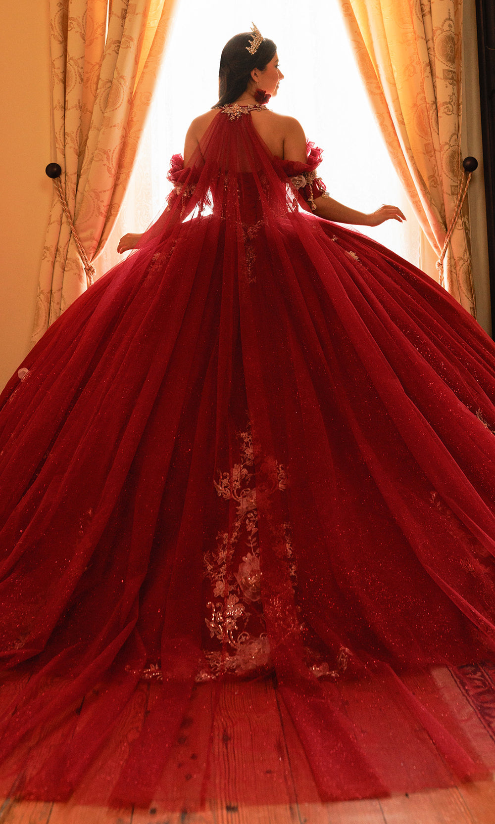 Rachel Allan RQ3181 - Beaded Lace Strapless Cape Gown Quinceanera Dresses in Red Gold   