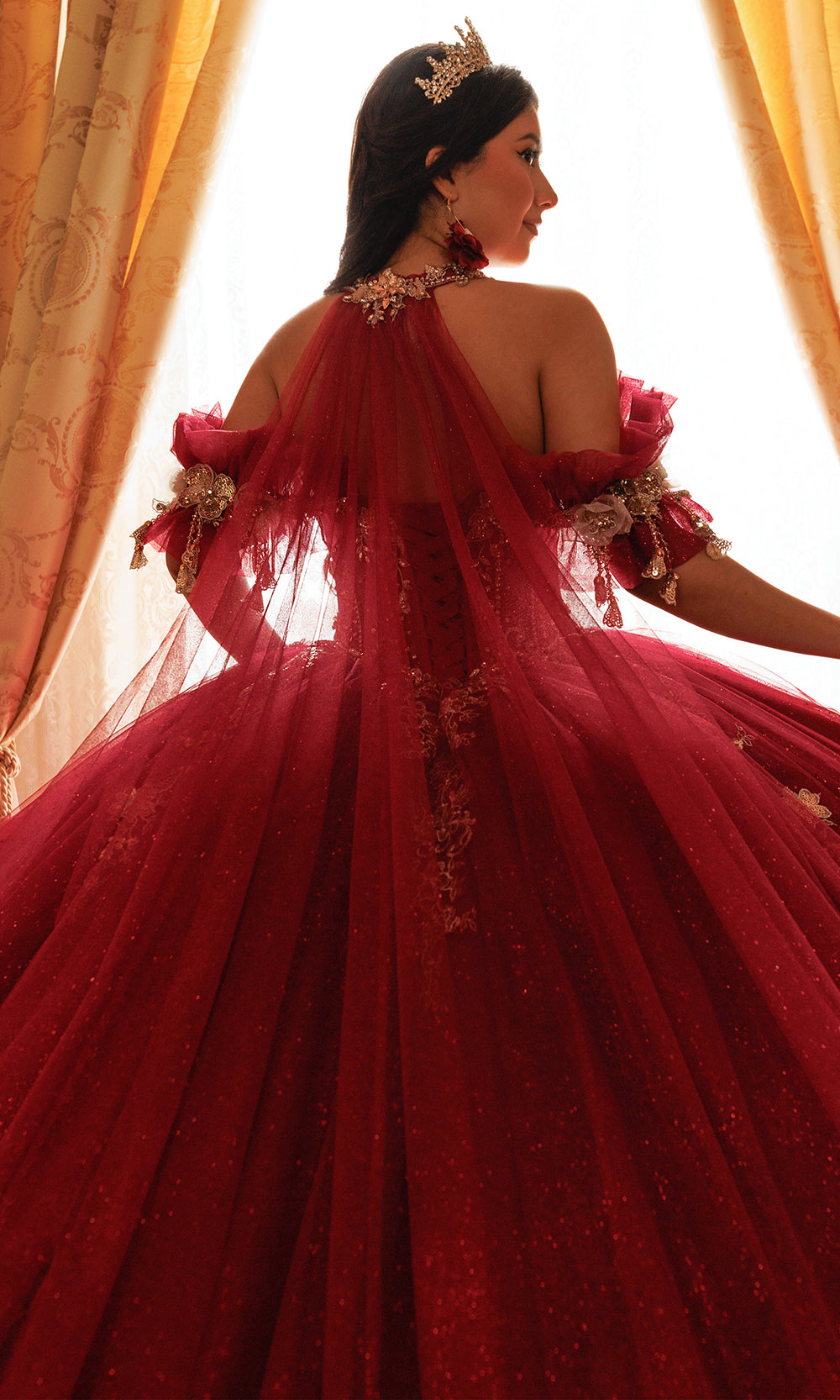 Rachel Allan RQ3181 - Beaded Lace Strapless Cape Gown Quinceanera Dresses in Red Gold   