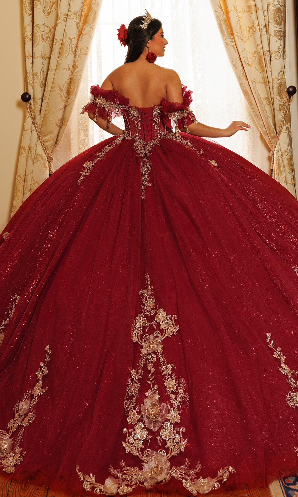 Rachel Allan RQ3181 - Beaded Lace Strapless Cape Gown Quinceanera Dresses in Red Gold   