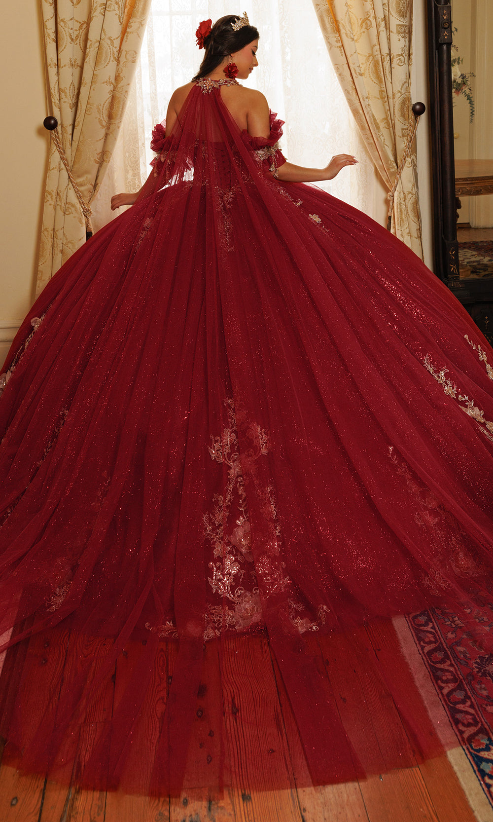 Rachel Allan RQ3181 - Beaded Lace Strapless Cape Gown Quinceanera Dresses in Red Gold   