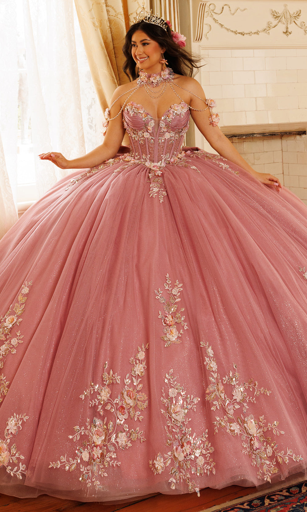 Rachel Allan RQ3184 - Illusion Corset Embellished Tulle Gown Quinceanera Dresses in Pink Gold   