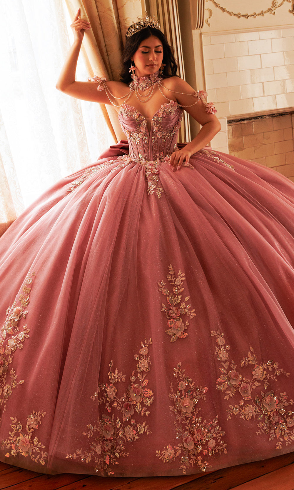 Rachel Allan RQ3184 - Illusion Corset Embellished Tulle Gown Quinceanera Dresses in Pink Gold   