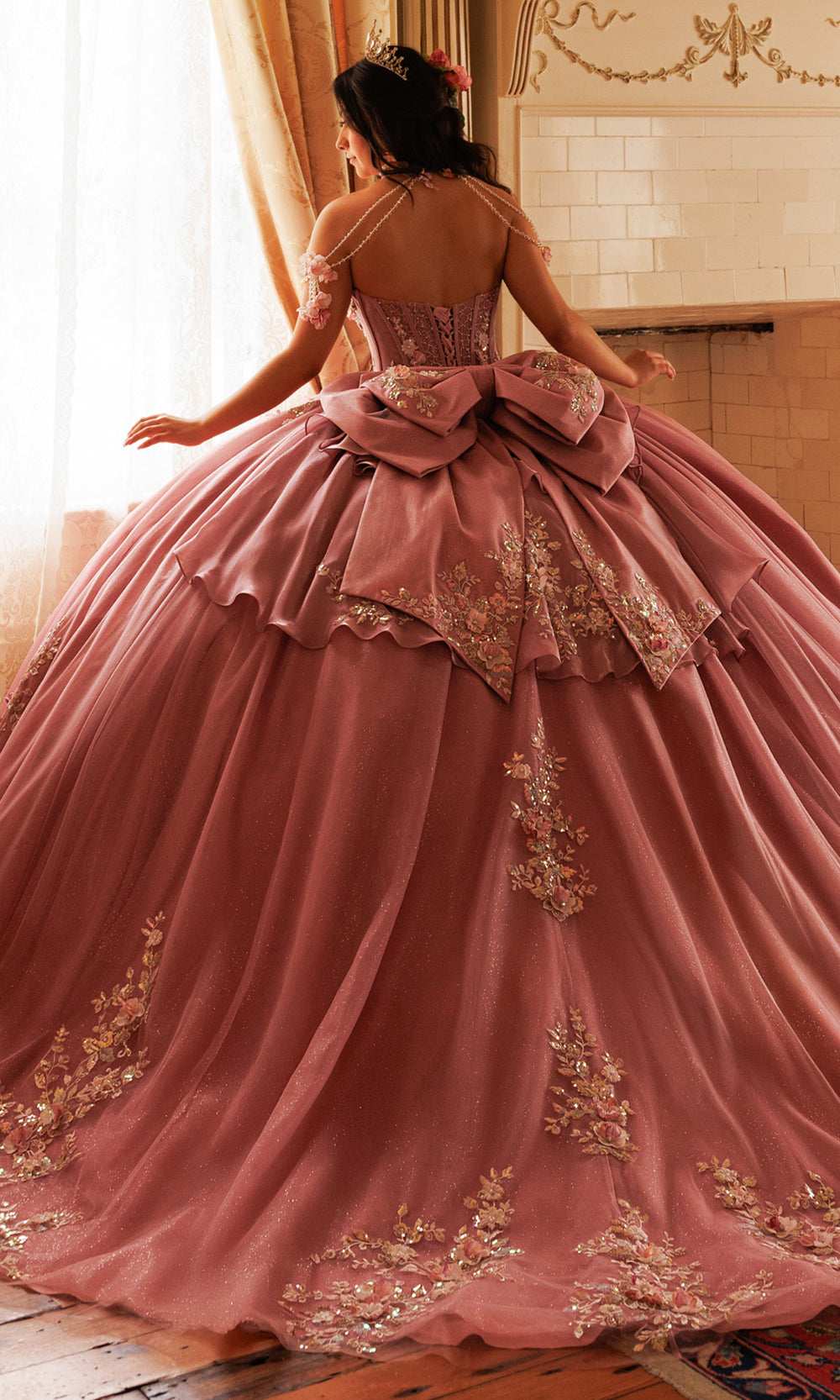 Rachel Allan RQ3184 - Illusion Corset Embellished Tulle Gown Quinceanera Dresses in Pink Gold   
