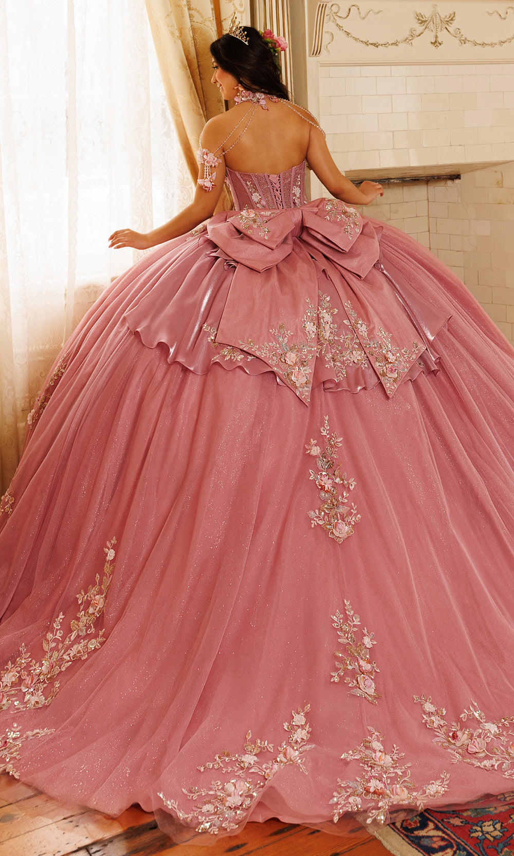 Rachel Allan RQ3184 - Illusion Corset Embellished Tulle Gown Quinceanera Dresses in Pink Gold   