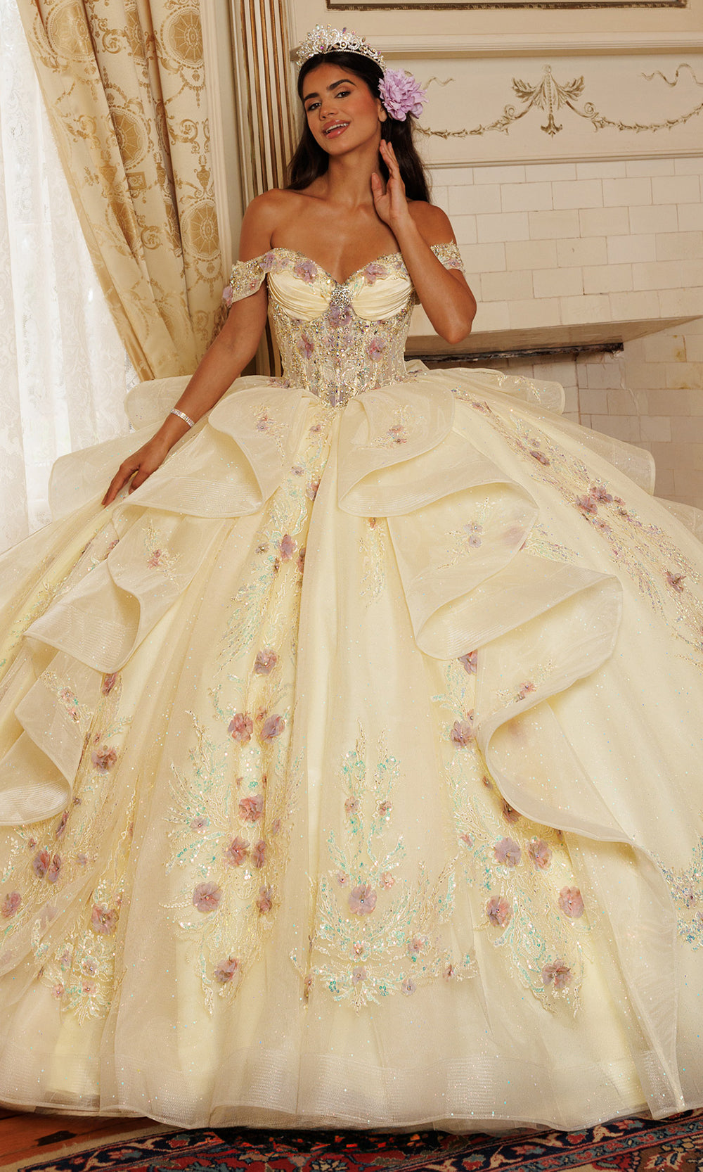 Rachel Allan RQ3185 - Floral Detail Off Shoulder Ballgown Quinceanera Dresses in Yellow    