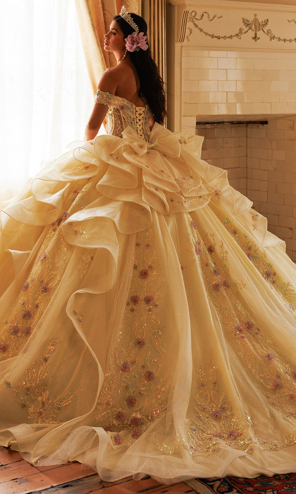 Rachel Allan RQ3185 - Floral Detail Off Shoulder Ballgown Quinceanera Dresses in Yellow    