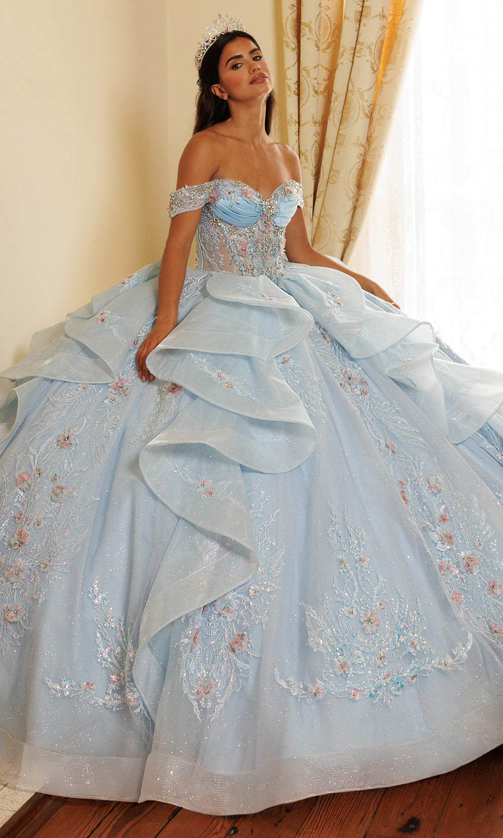 Rachel Allan RQ3185 - Floral Detail Off Shoulder Ballgown Quinceanera Dresses in Blue    