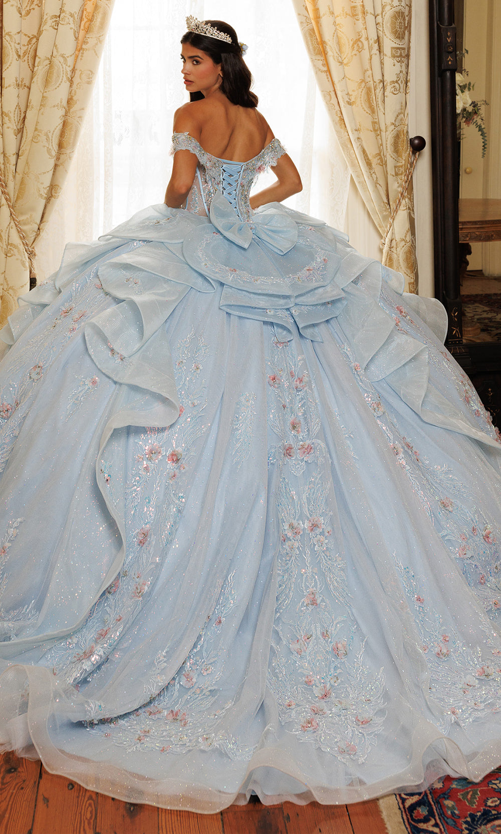 Rachel Allan RQ3185 - Floral Detail Off Shoulder Ballgown Quinceanera Dresses in Blue    