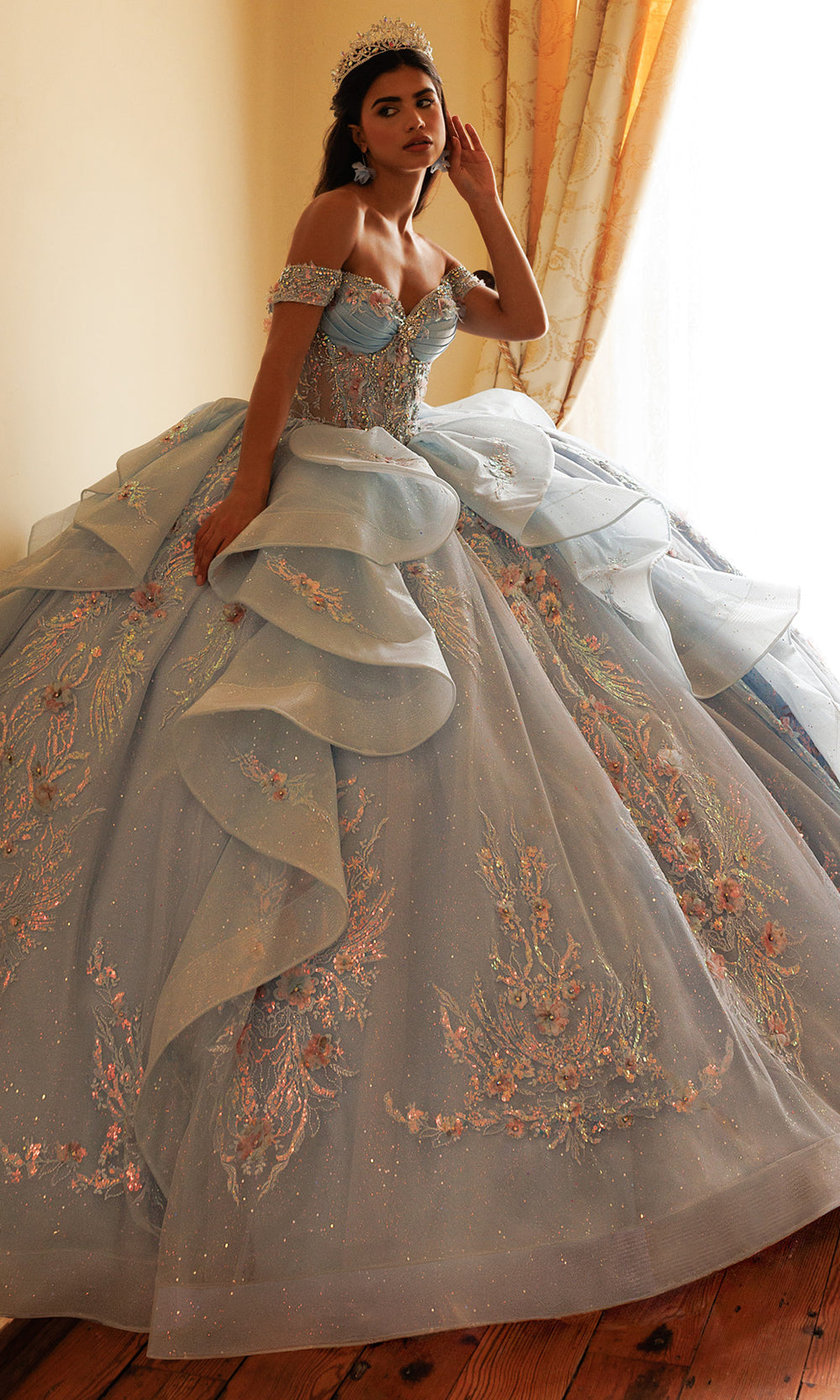 Rachel Allan RQ3185 - Floral Detail Off Shoulder Ballgown Quinceanera Dresses in Blue    