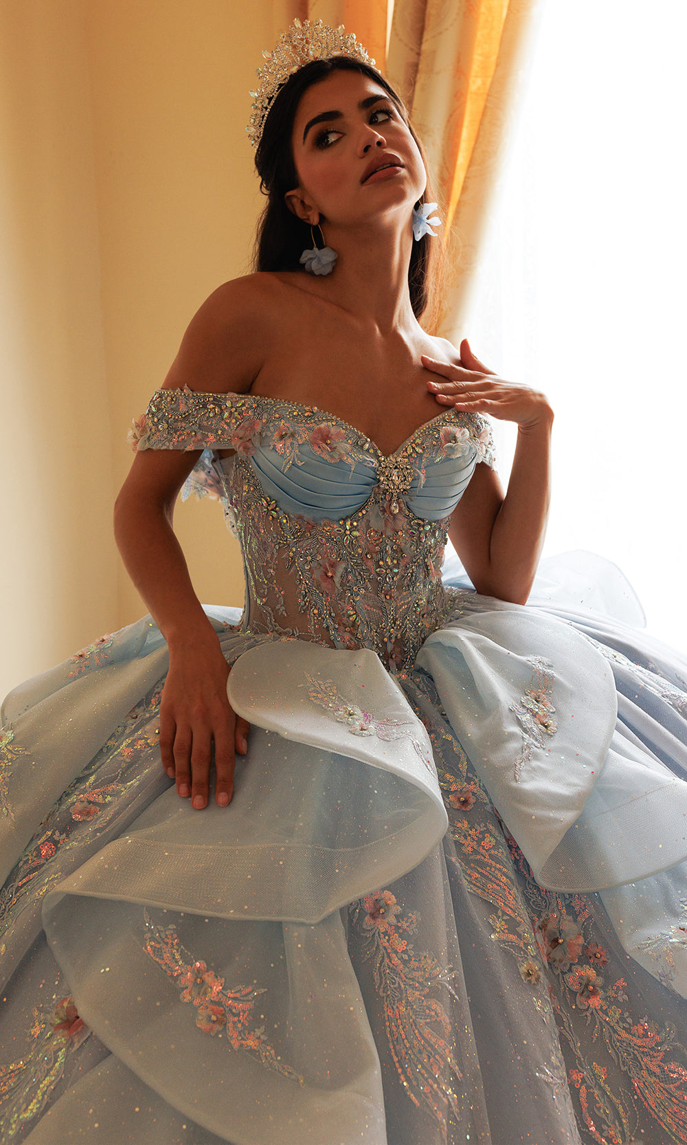 Rachel Allan RQ3185 - Floral Detail Off Shoulder Ballgown Quinceanera Dresses in Blue    