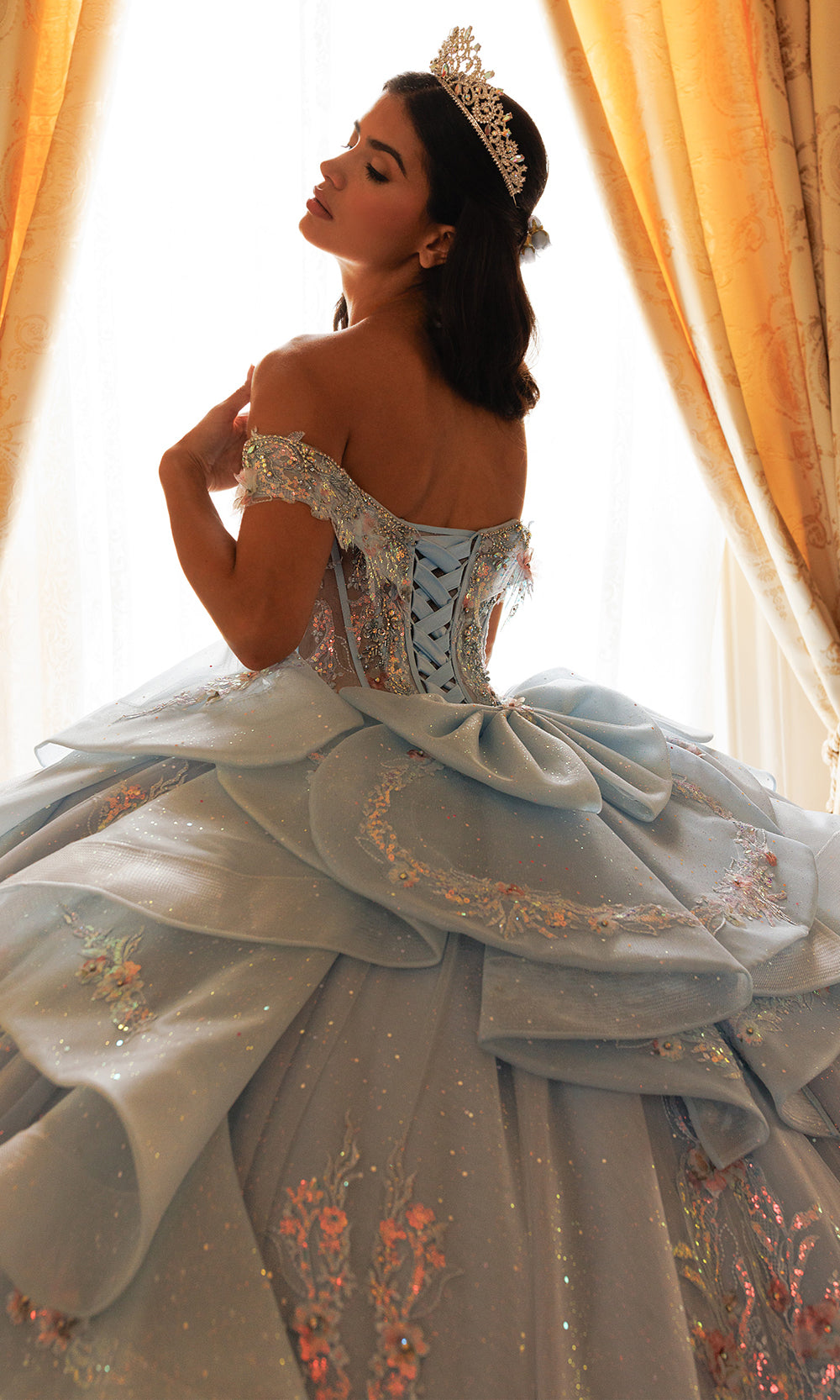 Rachel Allan RQ3185 - Floral Detail Off Shoulder Ballgown Quinceanera Dresses in Blue    