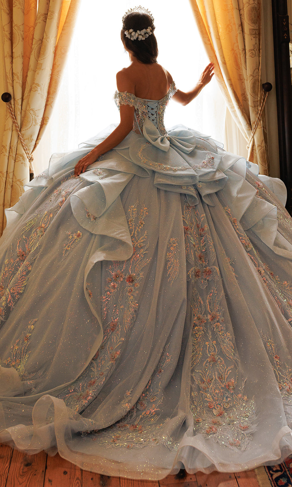 Rachel Allan RQ3185 - Floral Detail Off Shoulder Ballgown Quinceanera Dresses in Blue    