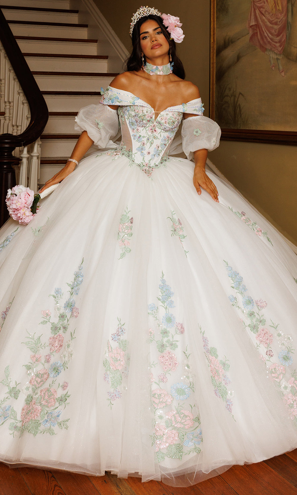 Rachel Allan RQ3186 - Embroidered Floral Sweetheart Ballgown Quinceanera Dresses in White Multi   