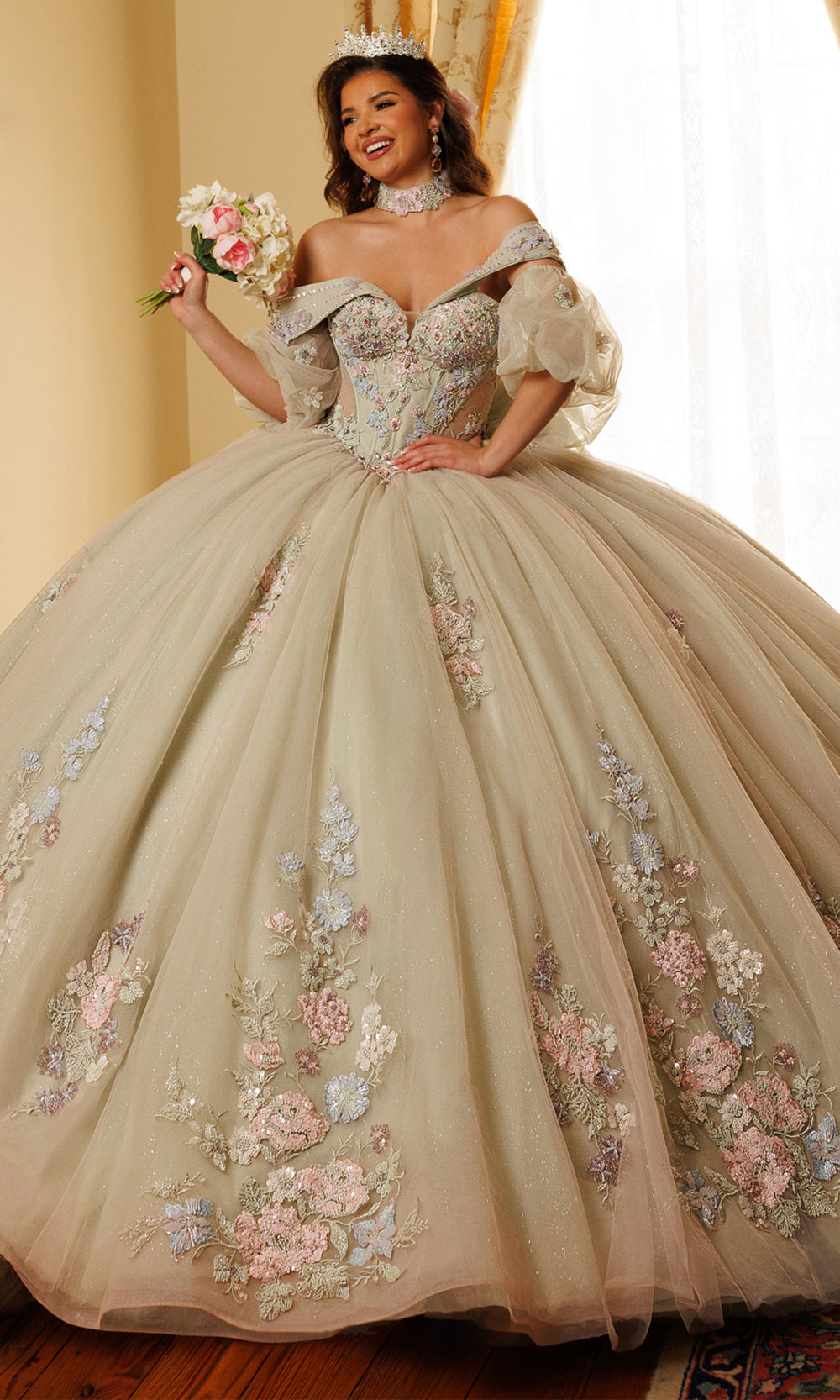 Rachel Allan RQ3186 - Embroidered Floral Sweetheart Ballgown Quinceanera Dresses in Green Multi   