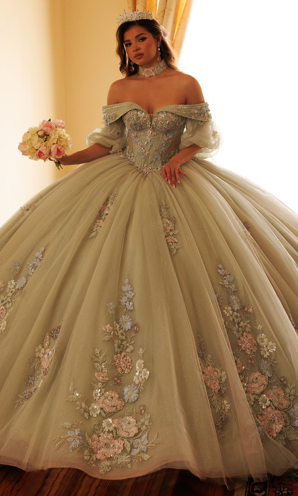 Rachel Allan RQ3186 - Embroidered Floral Sweetheart Ballgown Quinceanera Dresses in Green Multi   