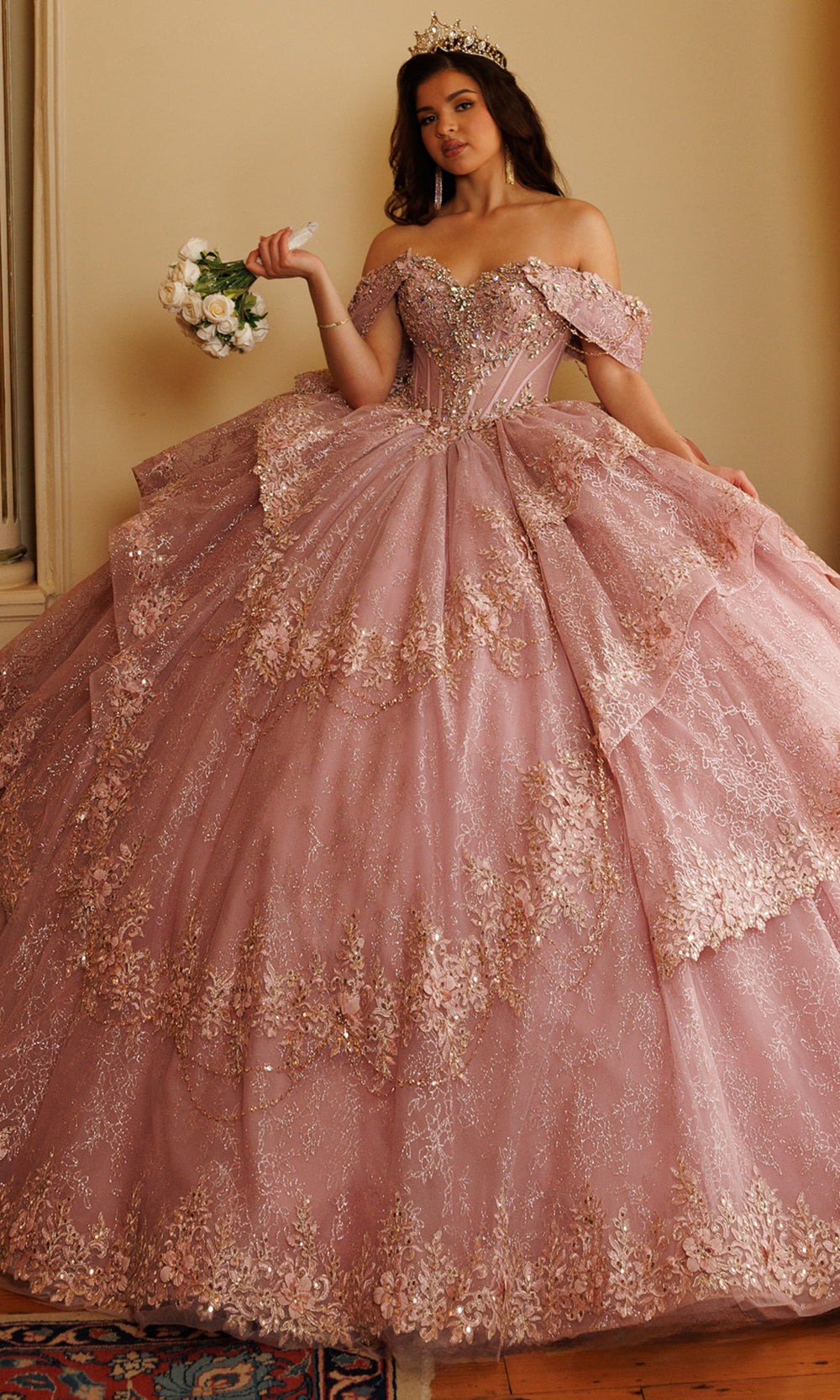 Rachel Allan RQ3188 - Off Shoulder Beaded Corset Ballgown Quinceanera Dresses in Pink Gold   