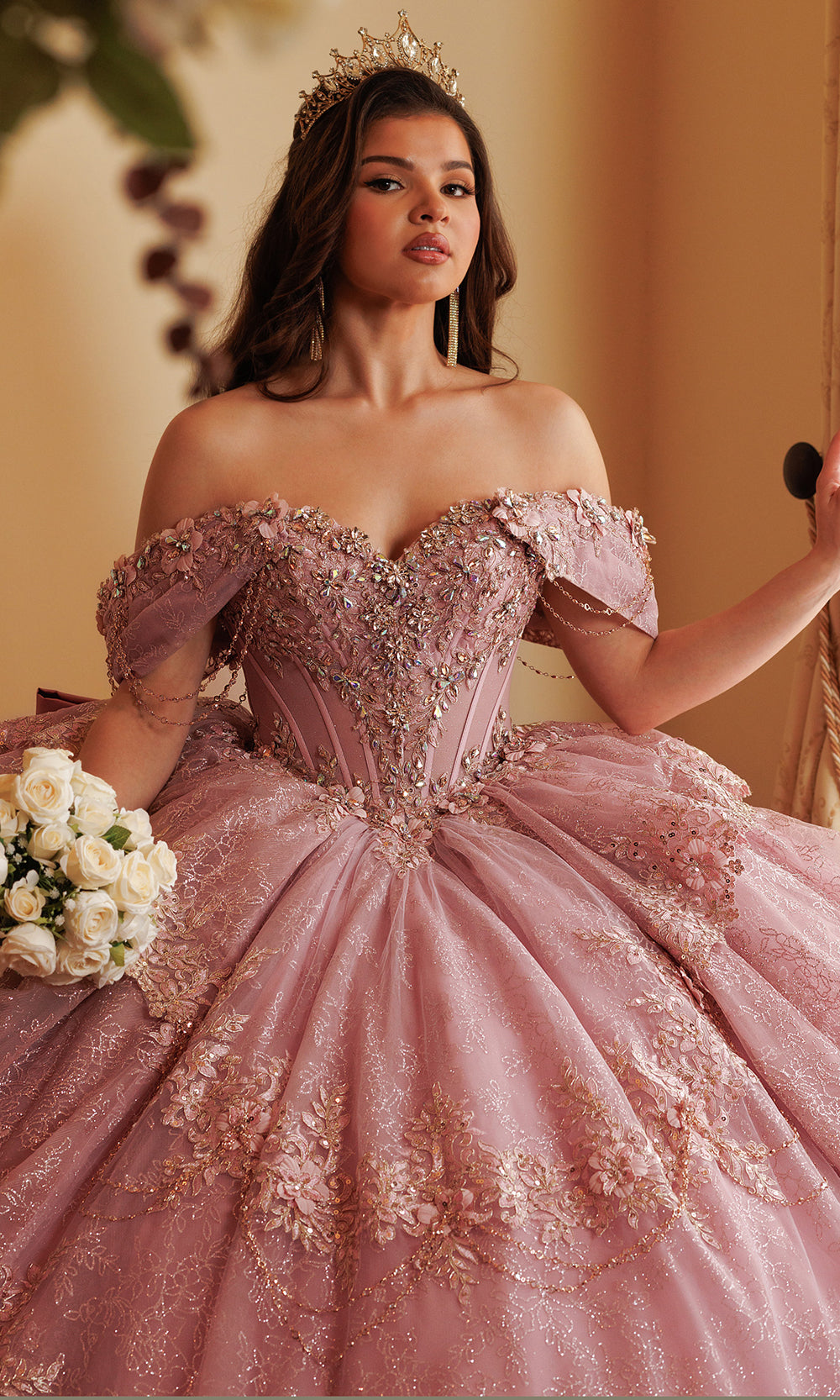 Rachel Allan RQ3188 - Off Shoulder Beaded Corset Ballgown Quinceanera Dresses in Pink Gold   