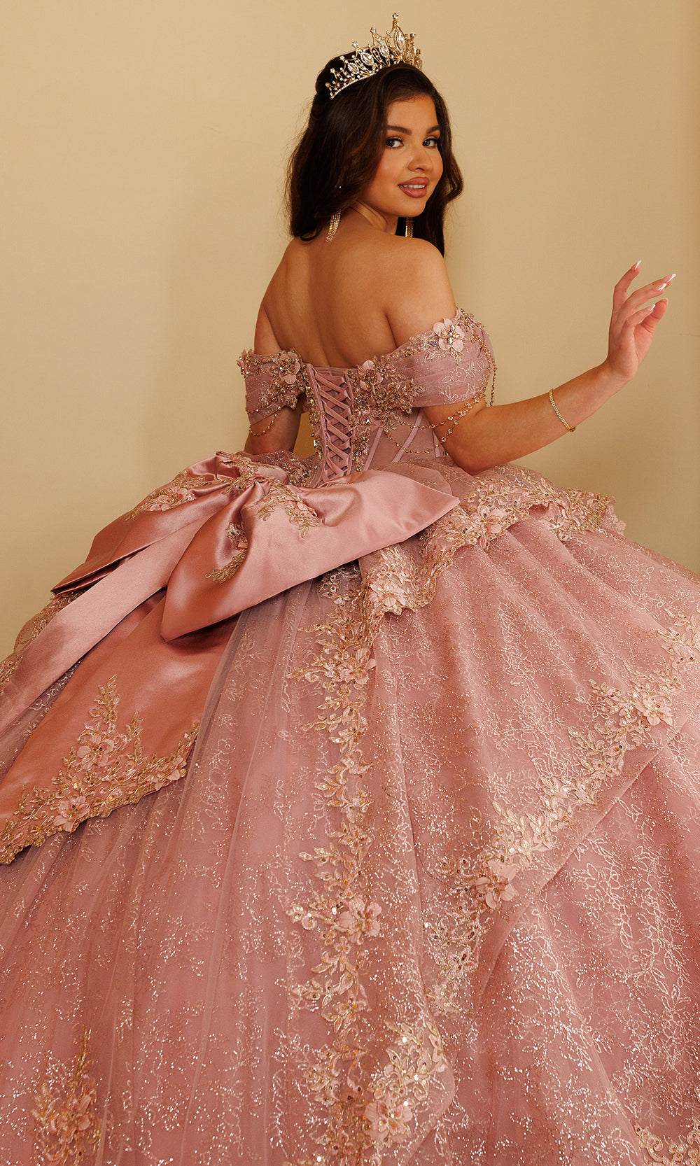 Rachel Allan RQ3188 - Off Shoulder Beaded Corset Ballgown Quinceanera Dresses in Pink Gold   