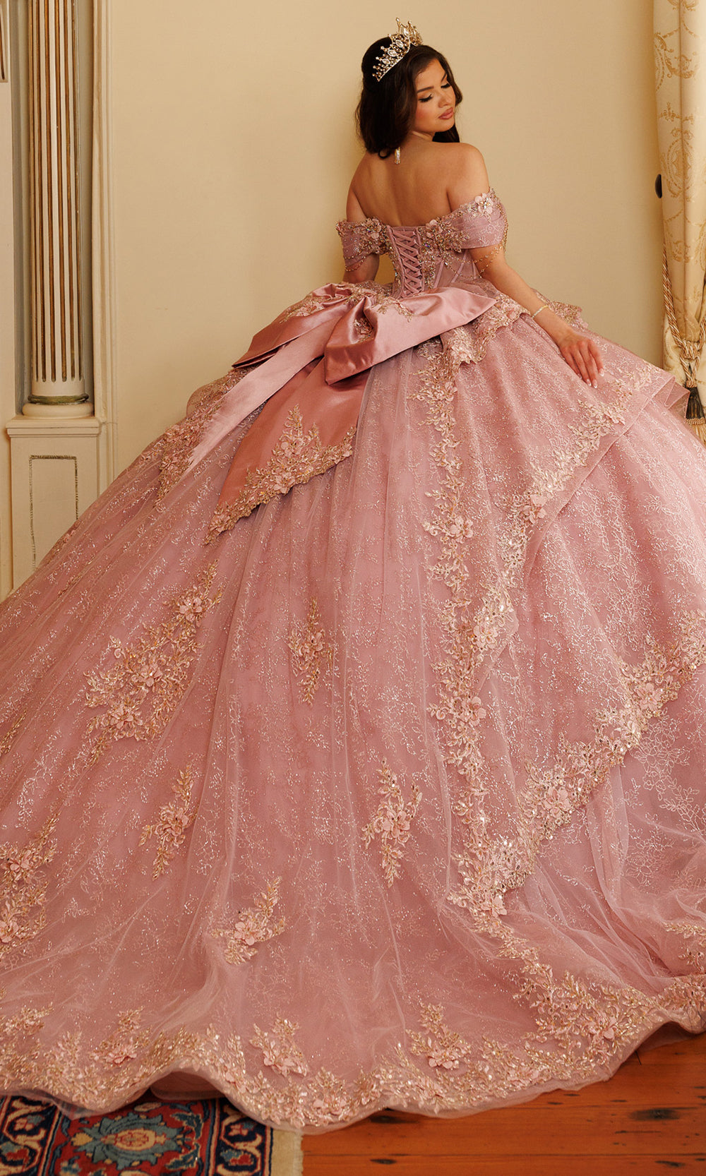 Rachel Allan RQ3188 - Off Shoulder Beaded Corset Ballgown Quinceanera Dresses in Pink Gold   