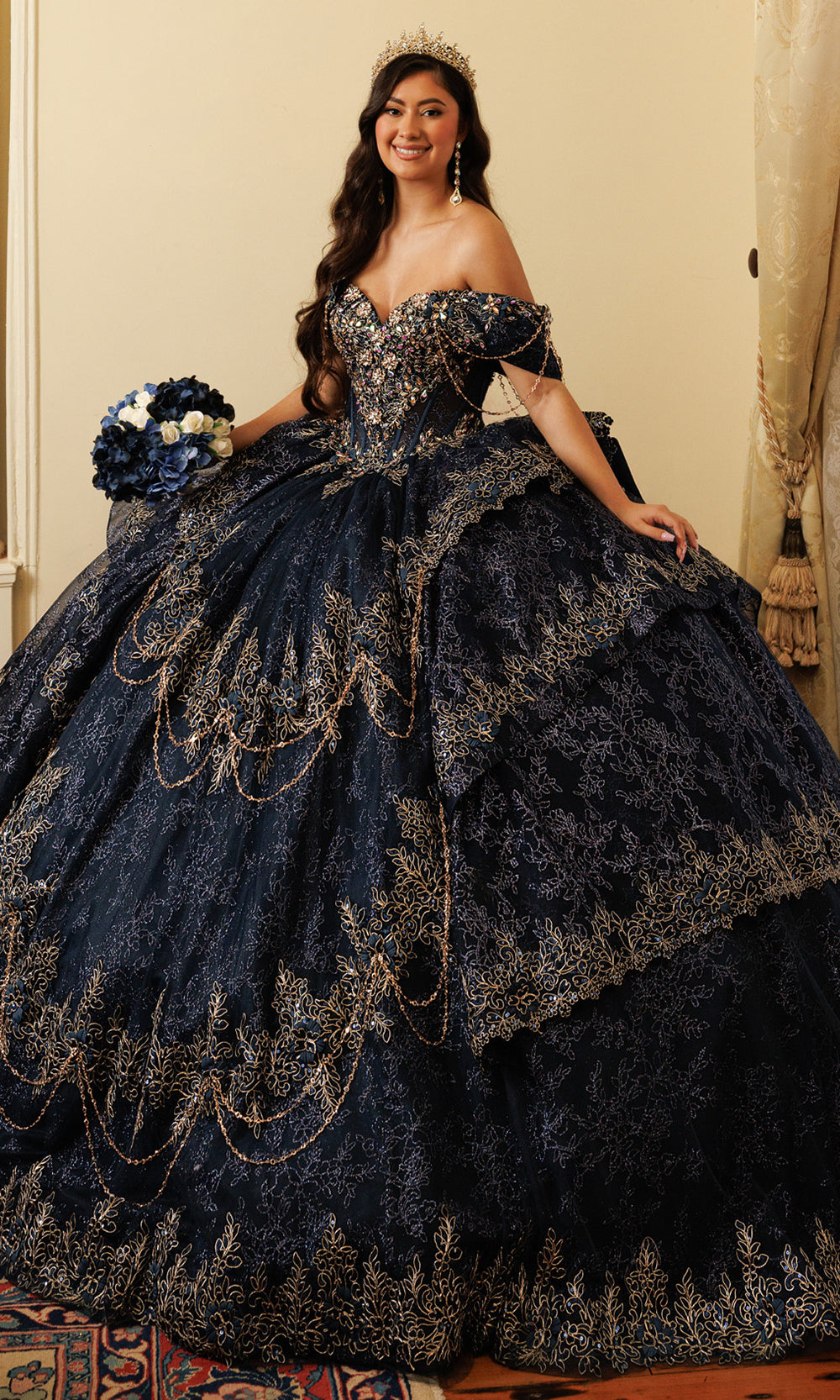 Rachel Allan RQ3188 - Off Shoulder Beaded Corset Ballgown Quinceanera Dresses in Blue Gold   