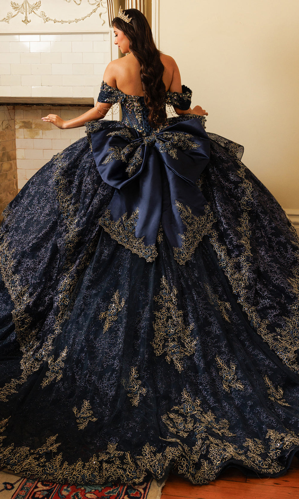 Rachel Allan RQ3188 - Off Shoulder Beaded Corset Ballgown Quinceanera Dresses in Blue Gold   