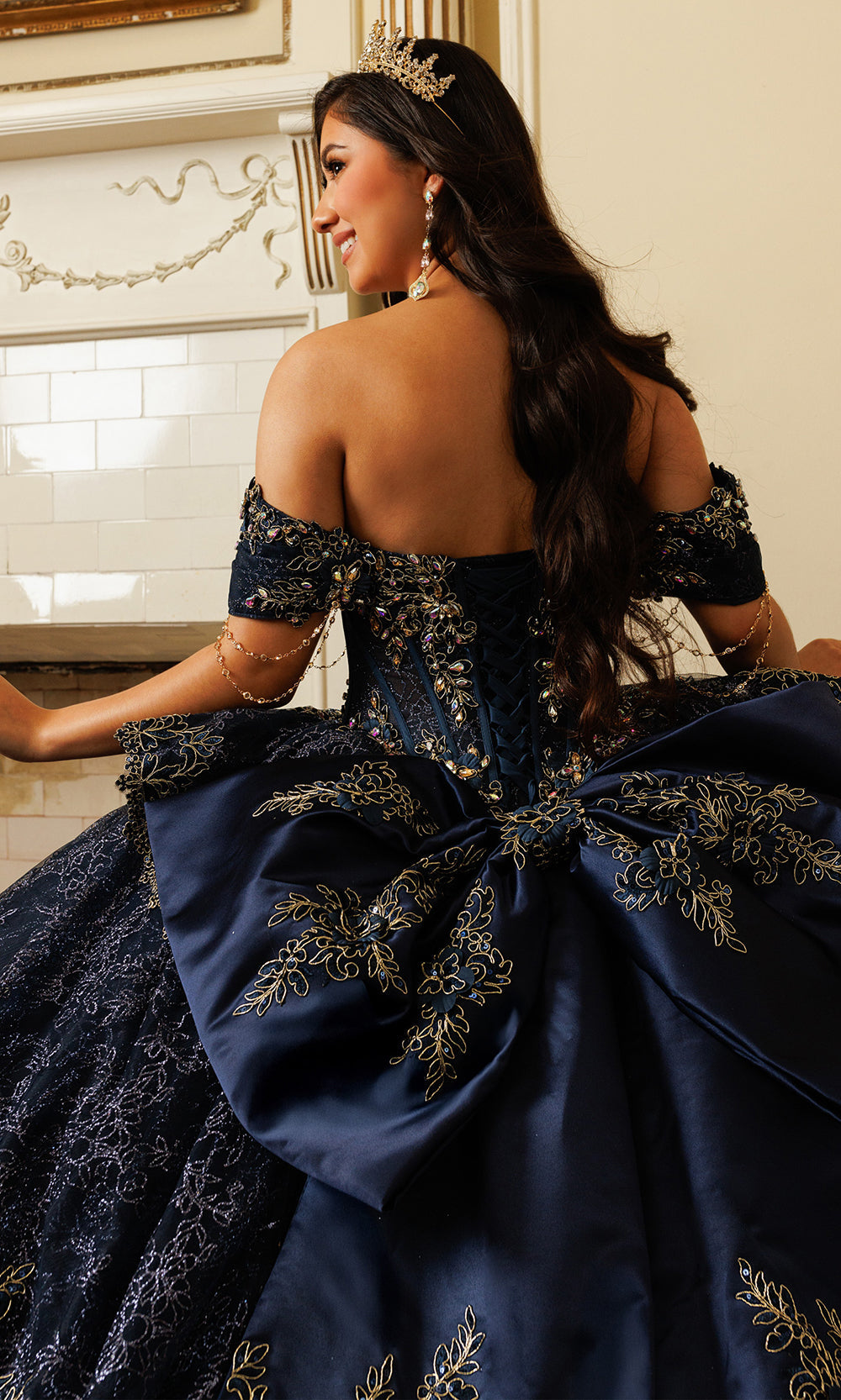 Rachel Allan RQ3188 - Off Shoulder Beaded Corset Ballgown Quinceanera Dresses in Blue Gold   