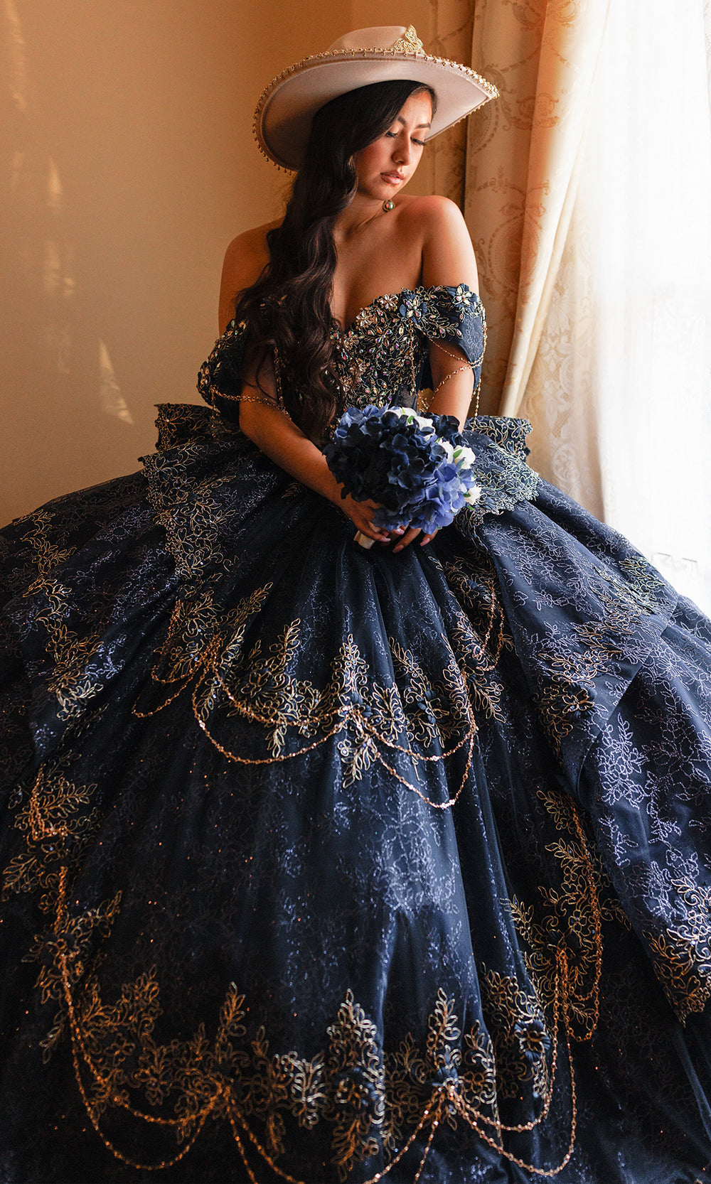 Rachel Allan RQ3188 - Off Shoulder Beaded Corset Ballgown Quinceanera Dresses in Blue Gold   