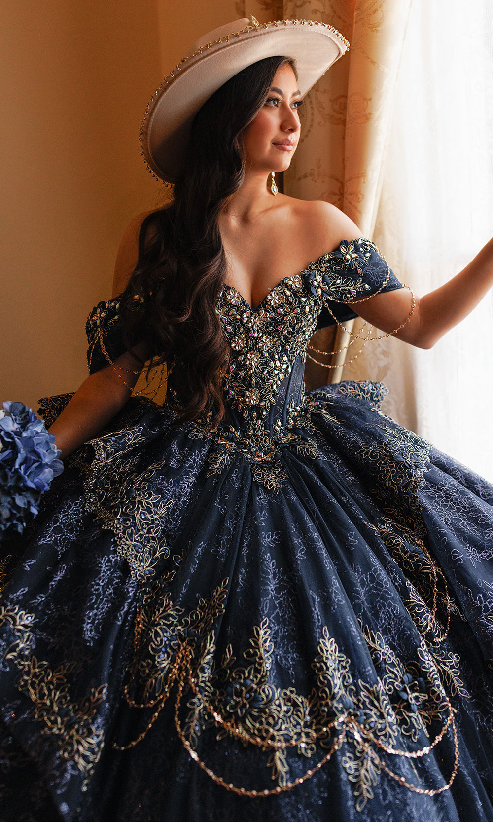 Rachel Allan RQ3188 - Off Shoulder Beaded Corset Ballgown Quinceanera Dresses in Blue Gold   
