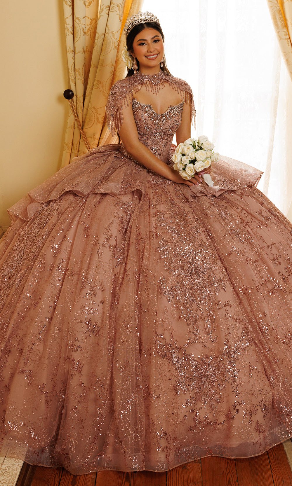 Rachel Allan RQ3189 - Strapless Flowing Cape Beaded Ballgown Quinceanera Dresses in Pink    