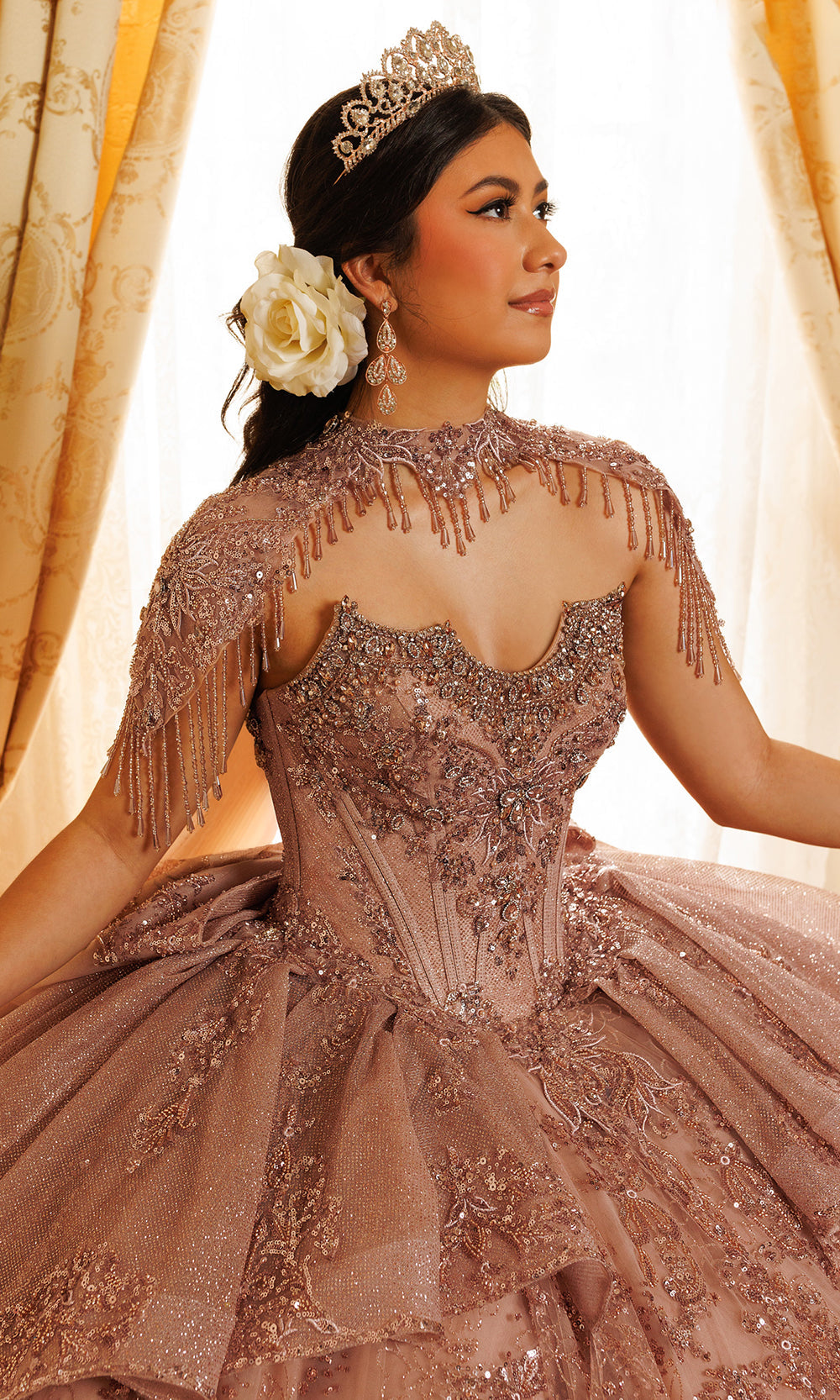Rachel Allan RQ3189 - Strapless Flowing Cape Beaded Ballgown Quinceanera Dresses in Pink    