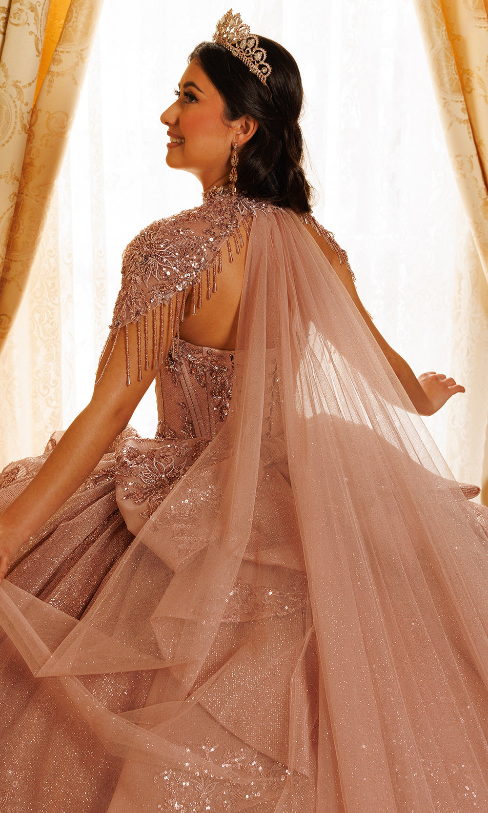 Rachel Allan RQ3189 - Strapless Flowing Cape Beaded Ballgown Quinceanera Dresses in Pink    
