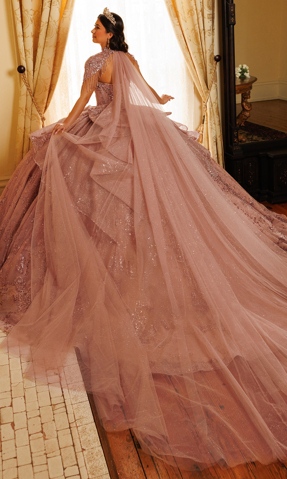 Rachel Allan RQ3189 - Strapless Flowing Cape Beaded Ballgown Quinceanera Dresses in Pink    