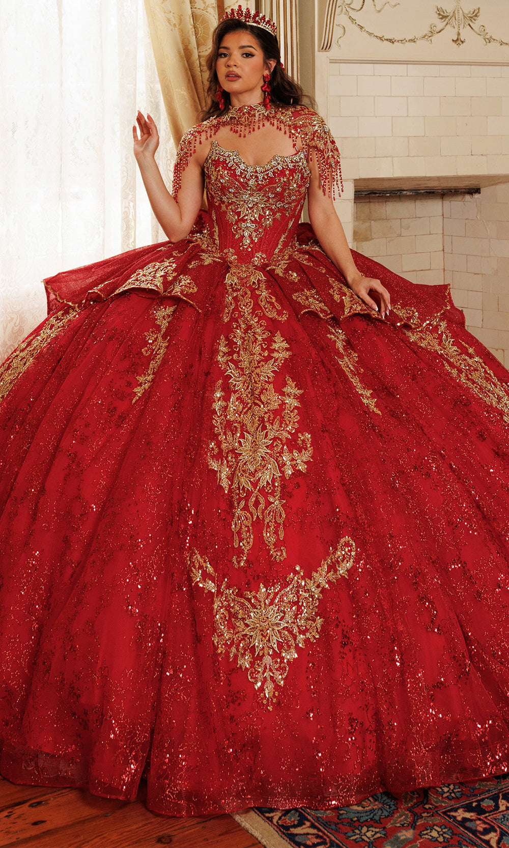 Rachel Allan RQ3189 - Strapless Flowing Cape Beaded Ballgown Quinceanera Dresses in Red    