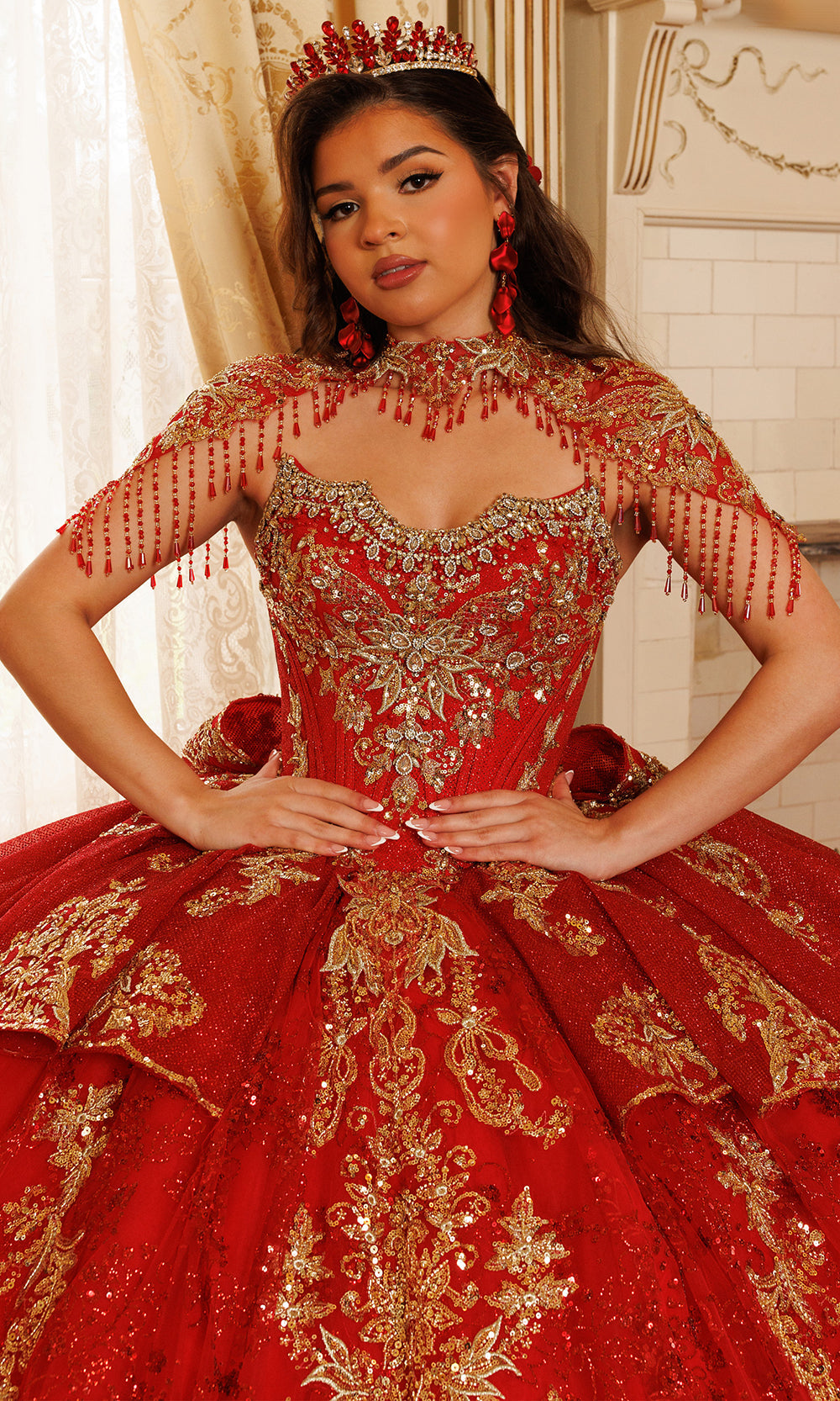 Rachel Allan RQ3189 - Strapless Flowing Cape Beaded Ballgown Quinceanera Dresses in Red    