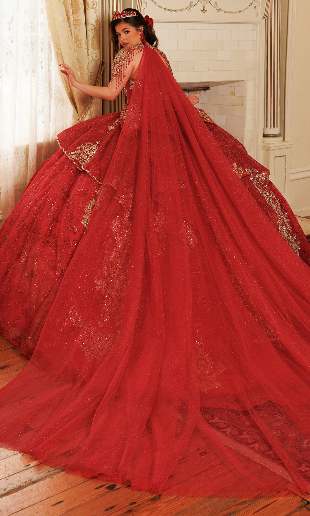 Rachel Allan RQ3189 - Strapless Flowing Cape Beaded Ballgown Quinceanera Dresses in Red    