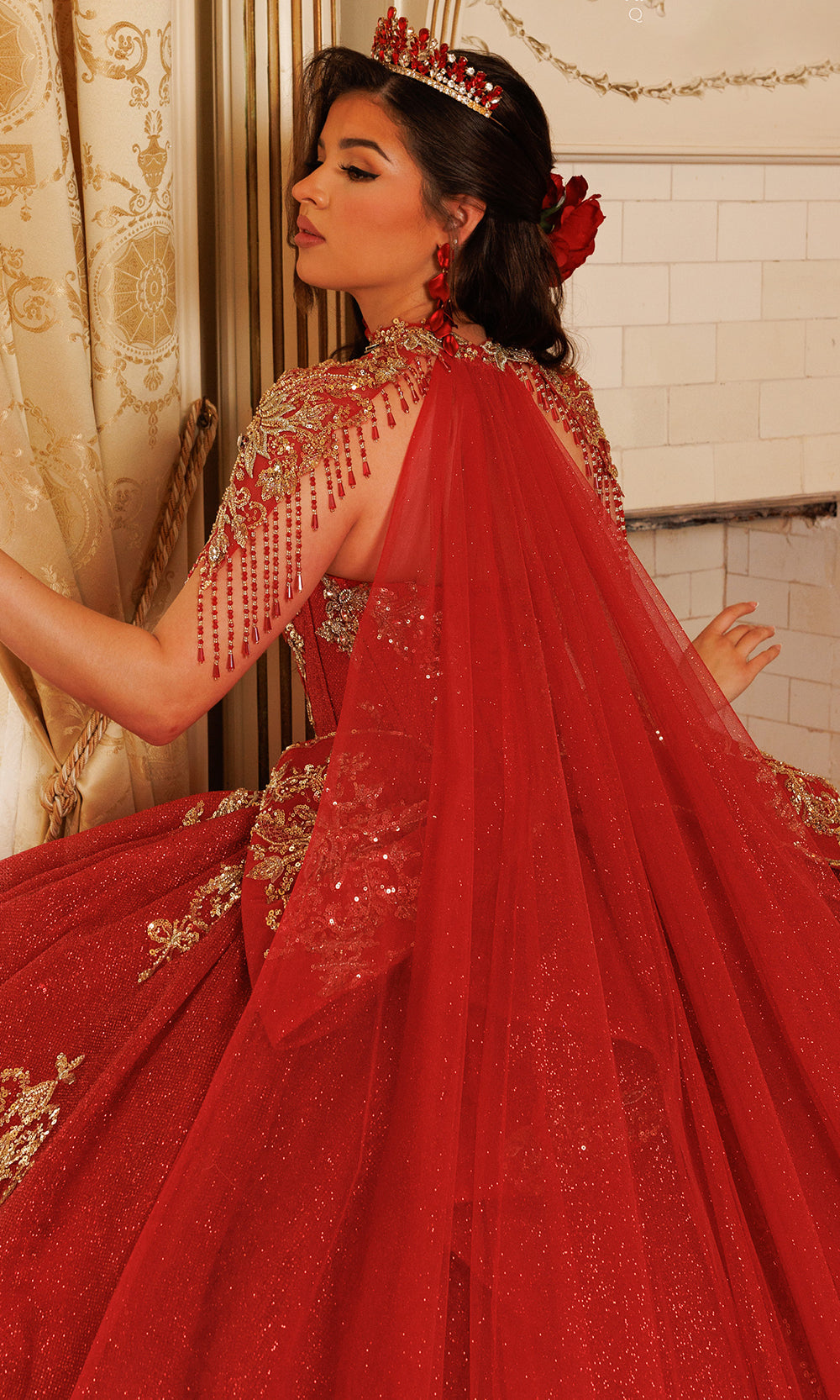 Rachel Allan RQ3189 - Strapless Flowing Cape Beaded Ballgown Quinceanera Dresses in Red    