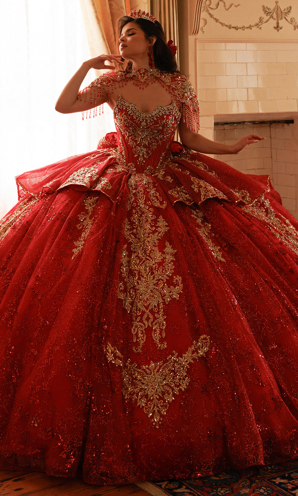 Rachel Allan RQ3189 - Strapless Flowing Cape Beaded Ballgown Quinceanera Dresses in Red    