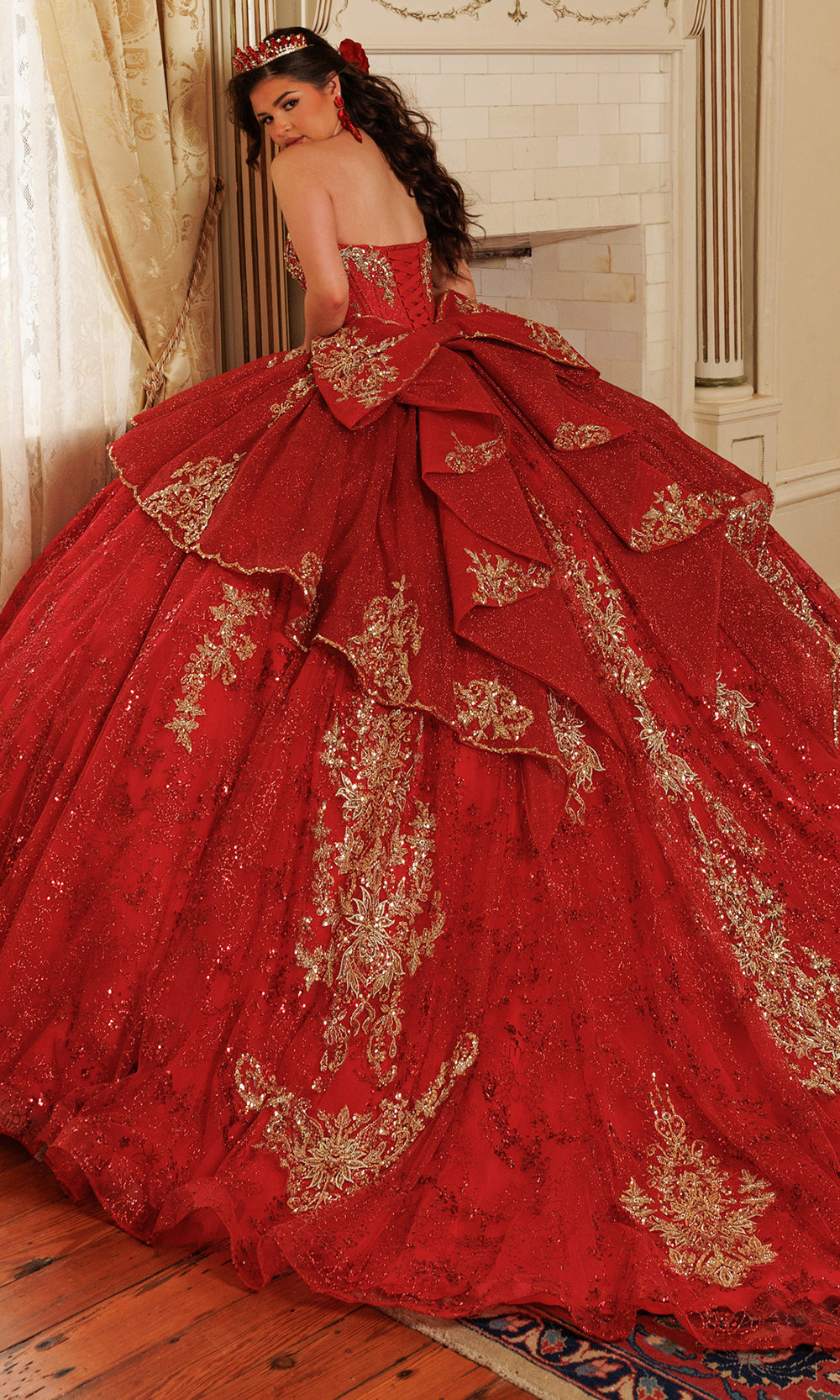 Rachel Allan RQ3189 - Strapless Flowing Cape Beaded Ballgown Quinceanera Dresses in Red    
