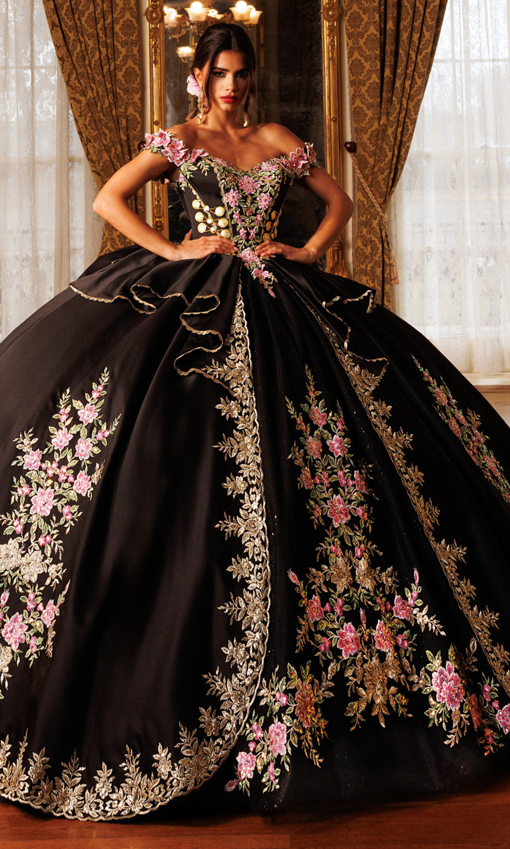 Rachel Allan RQ5020 - Bow Accent Off Shoulder Embroidered Gown Quinceanera Dresses in Black Gold   