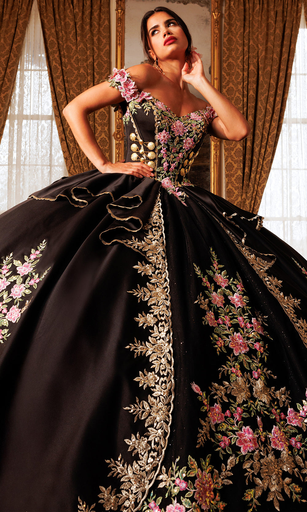 Rachel Allan RQ5020 - Bow Accent Off Shoulder Embroidered Gown Quinceanera Dresses in Black Gold   
