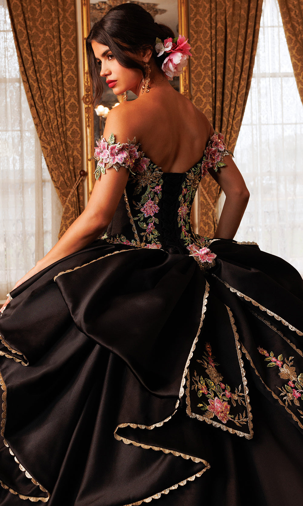 Rachel Allan RQ5020 - Bow Accent Off Shoulder Embroidered Gown Quinceanera Dresses in Black Gold   