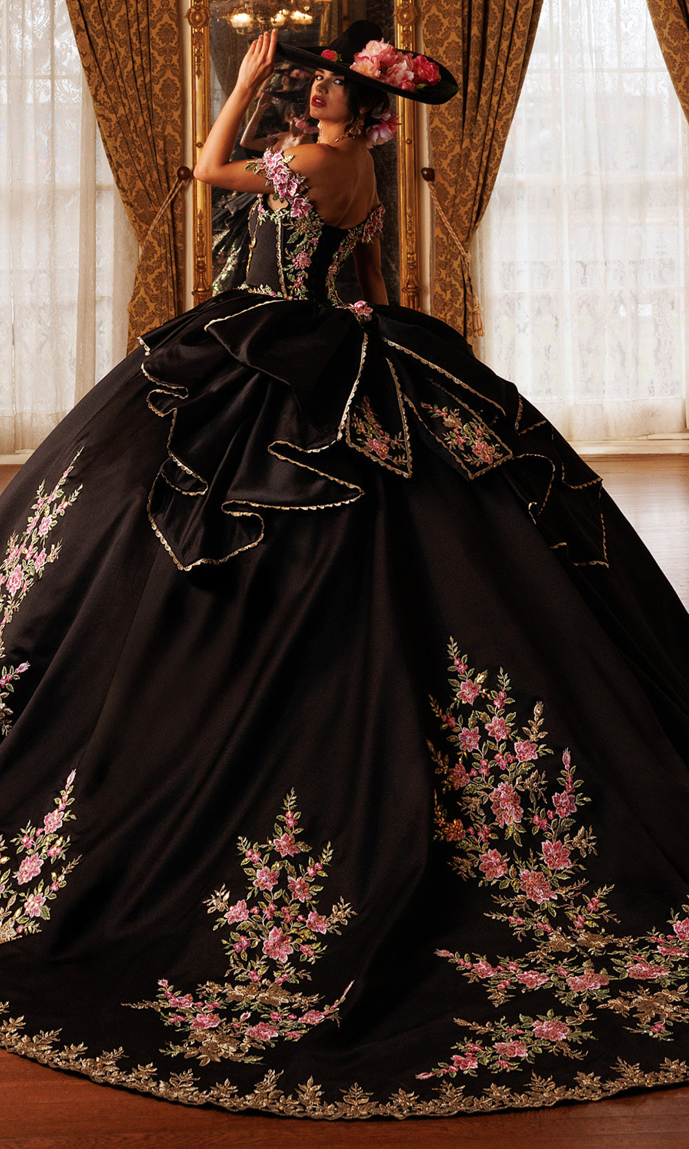 Rachel Allan RQ5020 - Bow Accent Off Shoulder Embroidered Gown Quinceanera Dresses in Black Gold   