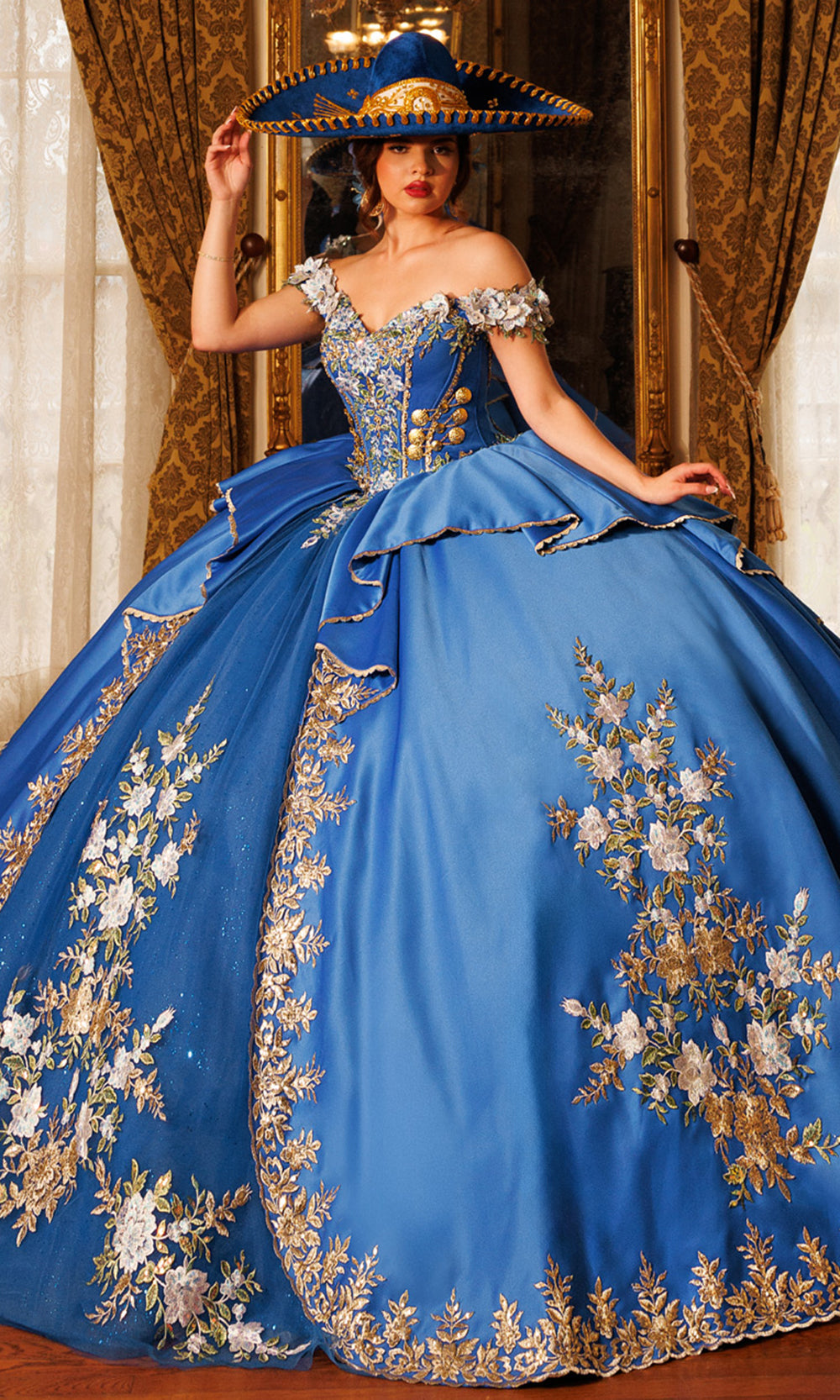 Rachel Allan RQ5020 - Bow Accent Off Shoulder Embroidered Gown Quinceanera Dresses in Blue Gold   