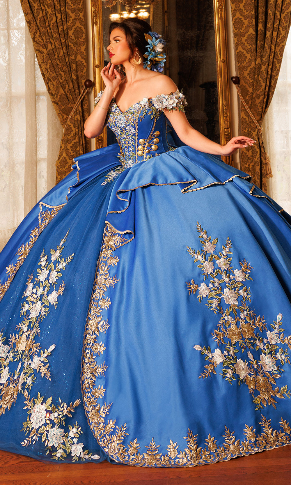 Rachel Allan RQ5020 - Bow Accent Off Shoulder Embroidered Gown Quinceanera Dresses in Blue Gold   
