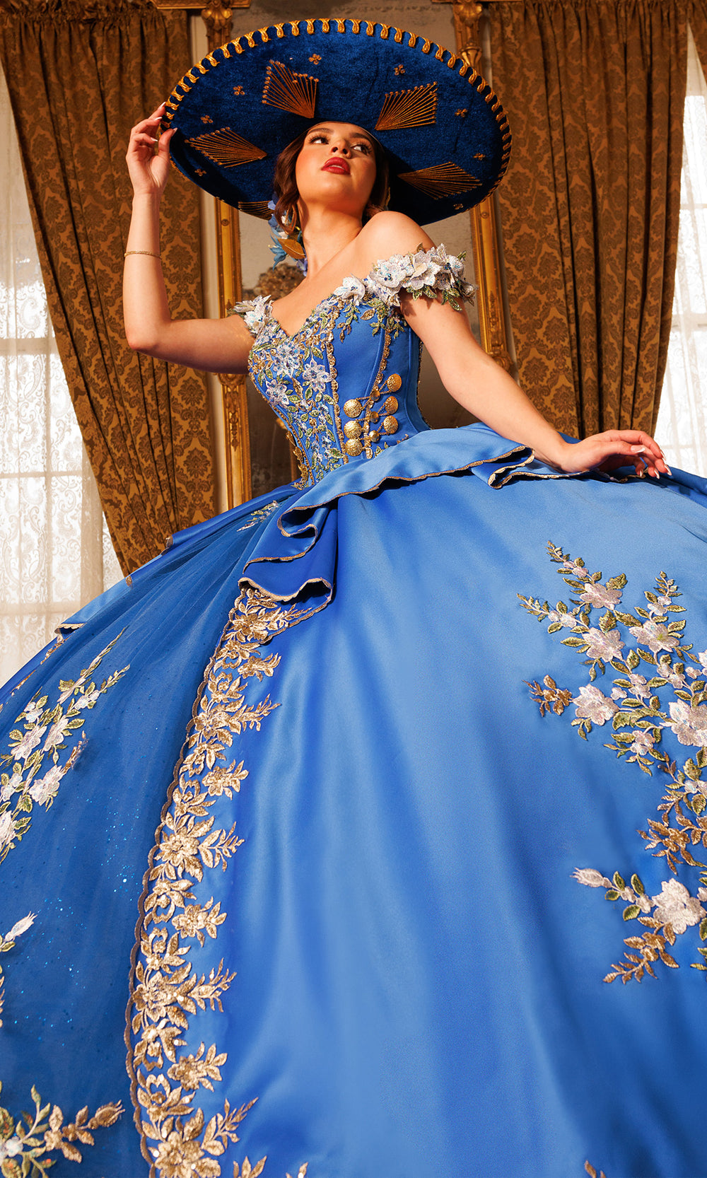 Rachel Allan RQ5020 - Bow Accent Off Shoulder Embroidered Gown Quinceanera Dresses in Blue Gold   